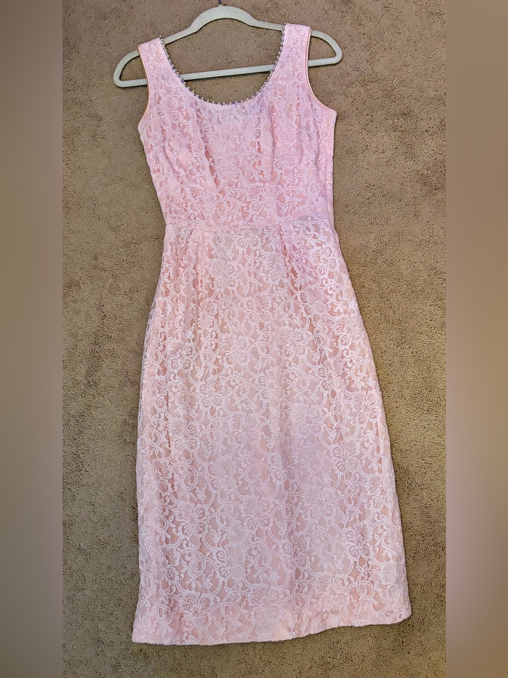 Vintage 1950s Pink Lace Pencil Sleeveless Summer Dress W/ Rhinestones Pearls XS